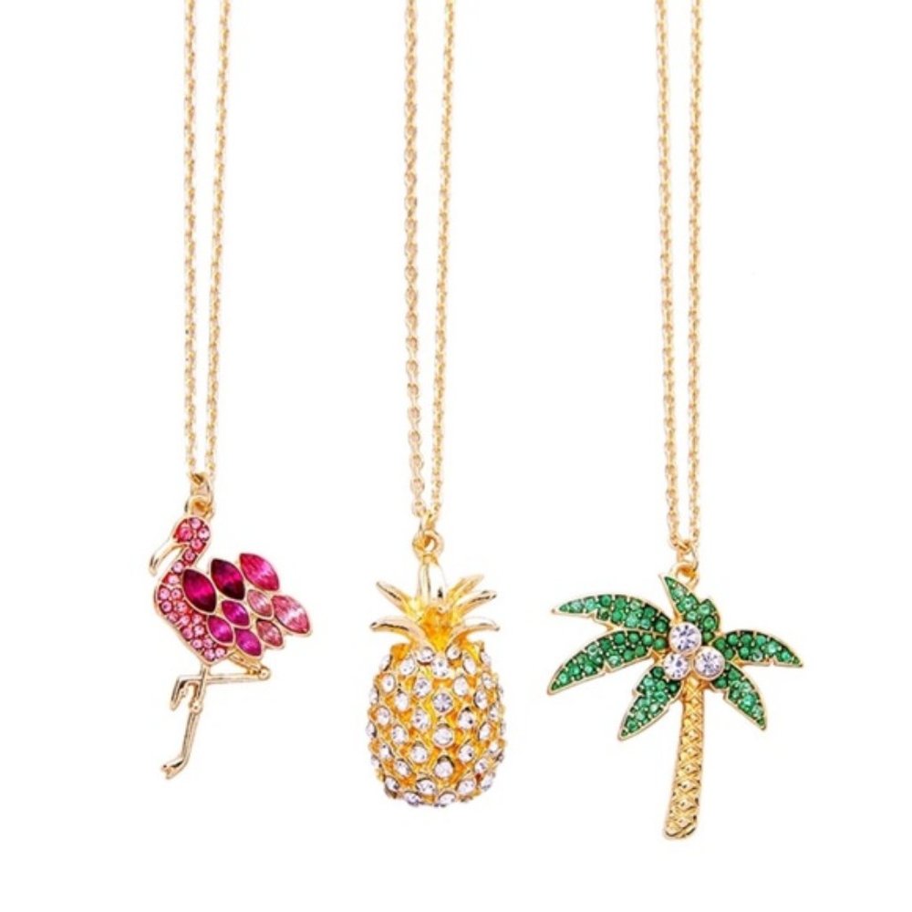 3 Set of Summer Crystal Pendant Necklaces Flamingo